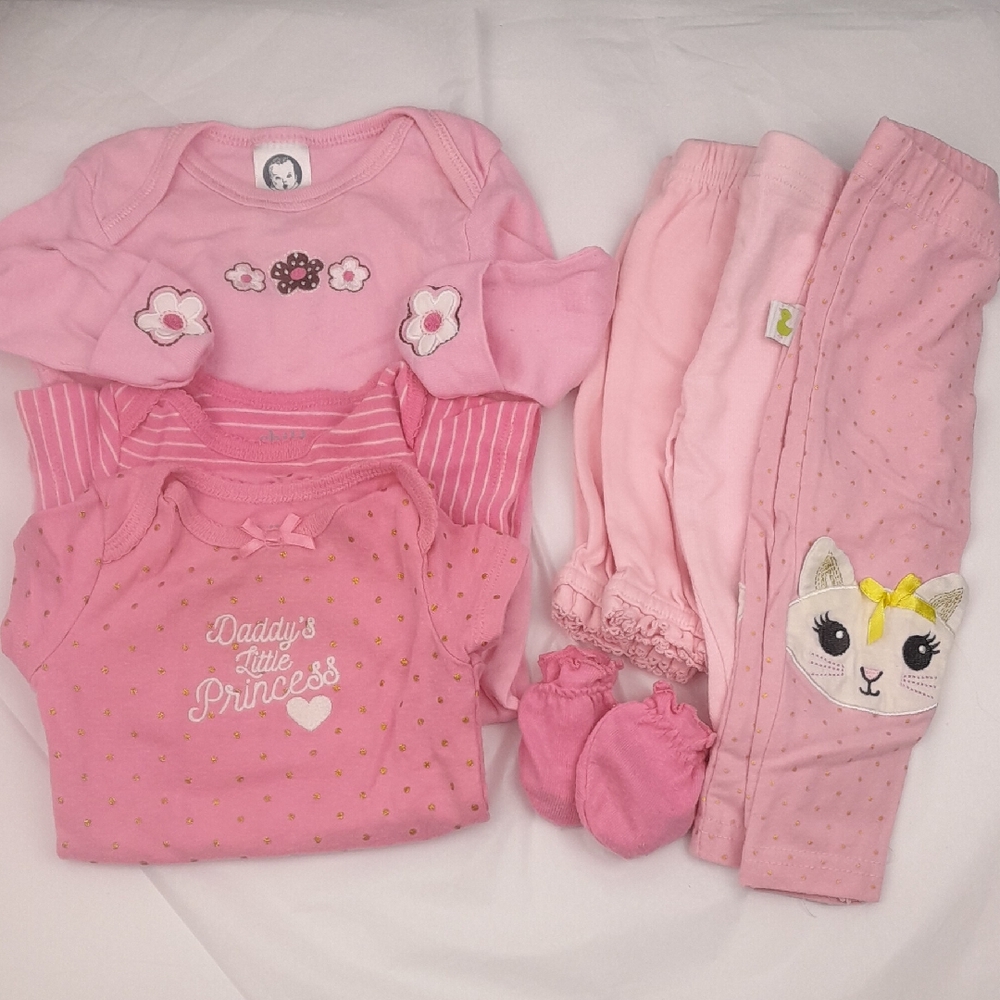 Lot Of 6 Pink Baby Girl Bodysuit Bottoms Sleeper